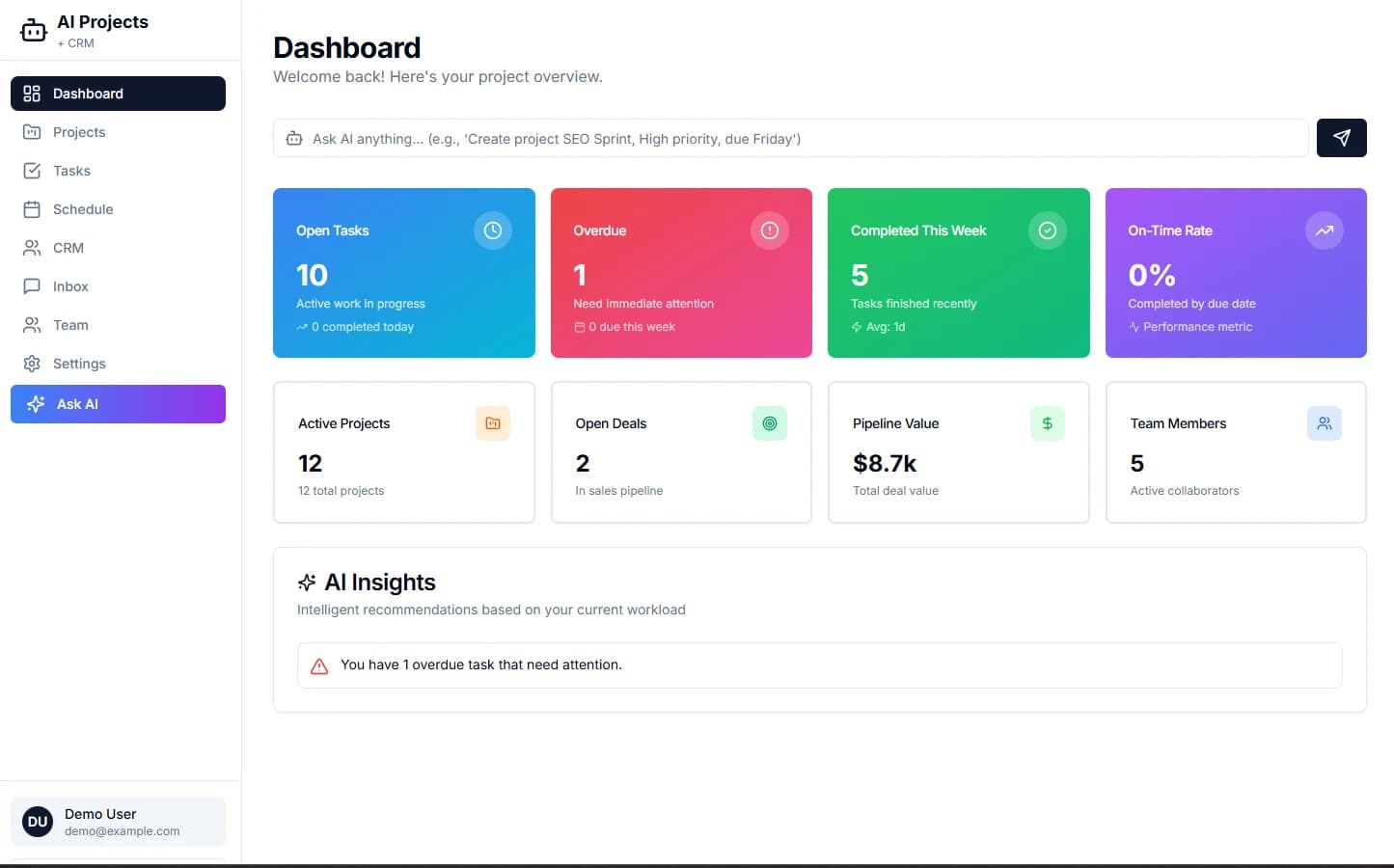 Vector Project Dashboard - Overview with AI insights, open tasks, and completion metrics