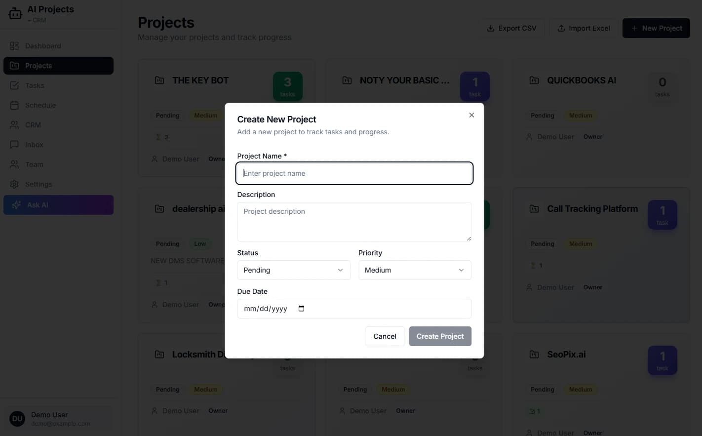 Create Project Modal - Quick project setup with name, description, status, and priority