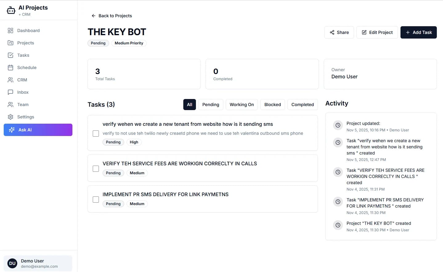Task List - Comprehensive task view with AI search and filter options
