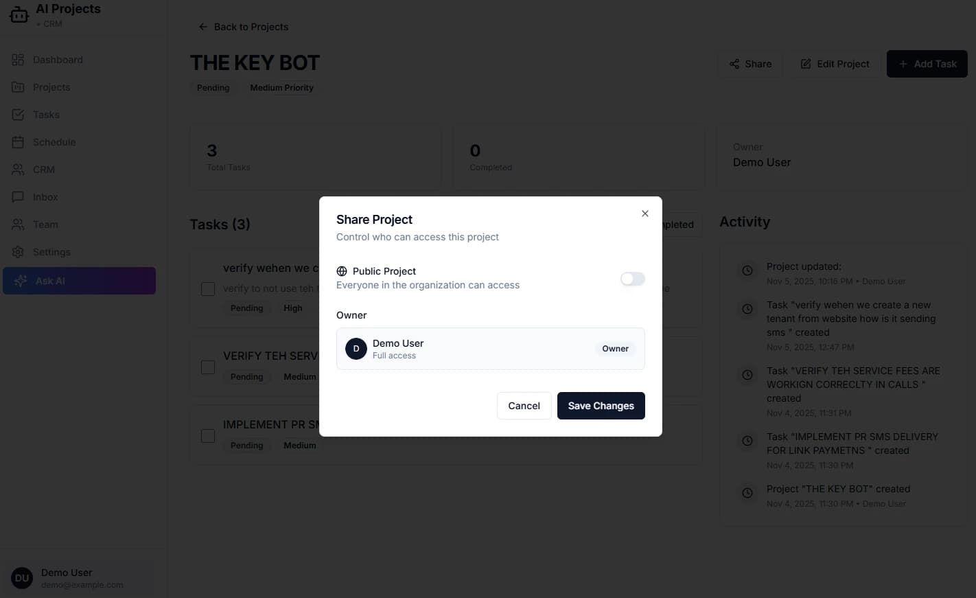 Task Details - Full task interface with description, priority, and project assignment